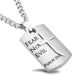 PSALM 23:4 Dog Tag Cross Sword Necklace with Steel Curb Chain