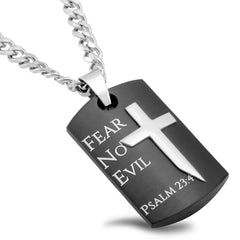 PSALM 23:4 Black Dog Tag Cross Sword Necklace with Steel Curb Chain