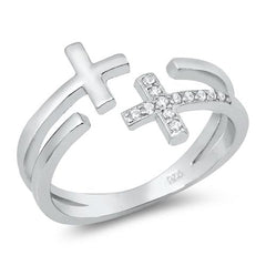 Double Cross Sterling Silver Ring Open Ended with CZ Stones