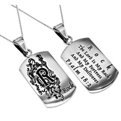 Women's Monogram "R" ROCK Encouragement Jewelry, Christian Dog Tag, Stainless Steel Chain