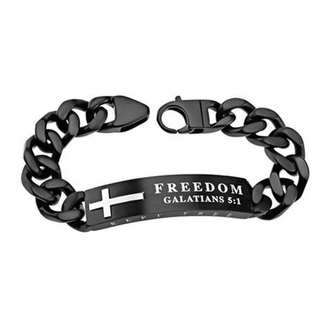 Galatians 5:1 Bracelet with Black Cross, FREEDOM Bible Verse, Stainless Steel Curb