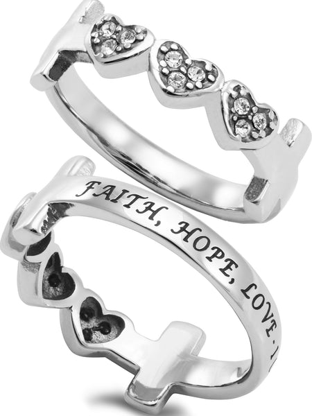 FAITH HOPE LOVE Cross and Heart Ring with Stones, Stainless Steel