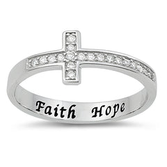 FAITH HOPE 925 Sterling Silver Sideways Cross Christian CZ Ring