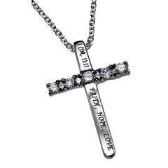 FAITH HOPE LOVE Cross Necklace with Bible Verse, Steel & CZ Stones