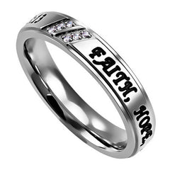 FAITH HOPE LOVE Religious Scripture Ring, Stainless Steel CZ