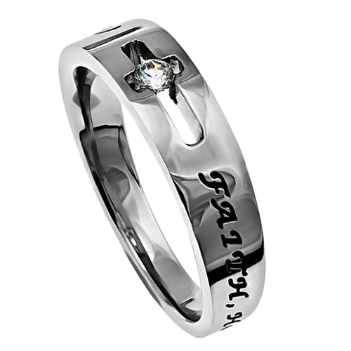 Faith Hope Love Ring 1 Corinthians 13:13 Bible Verse, Stainless Steel Cut Out Cross