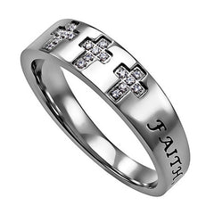 FAITH HOPE LOVE Christian Trinity Cross Ring, Engraved Bible Verse with CZ Stones
