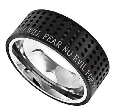 Black Christian Ring, Bible Verse Psalm 23 FEAR NO EVIL, Dotted