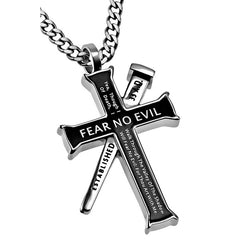 PSALM 23:4 Black Cross and Nail Necklace with Bible Verse, Stainless Steel Curb Chain