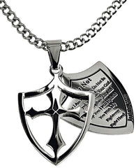 Fear Not Necklace Two Piece Cross Shield with Bible Verse, Stainless Steel Curb Chain
