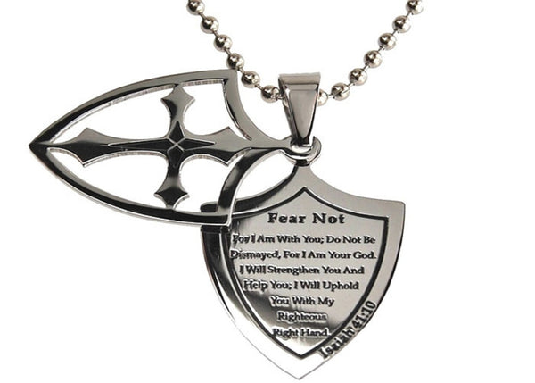 Fear Not Necklace Two Piece Cross Shield with Bible Verse, Stainless Steel Ball Chain