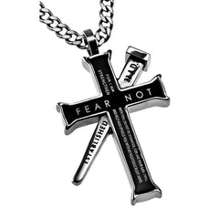 ISAIAH 41:10 Black Cross and Nail Necklace with Bible Verse, Stainless Steel Curb Chain
