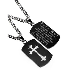 Fear Not Necklace Black Shield Cross, Isaiah 41 Christian Qualities, Stainless Steel Curb Chain