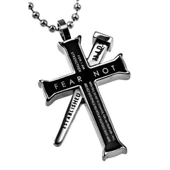 ISAIAH 41:10 Black Cross and Nail Necklace with Bible Verse, Stainless Steel