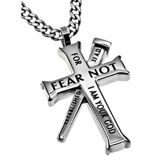 ISAIAH 41:10 Cross and Nail Necklace with Bible Verse, Stainless Steel Curb Chain