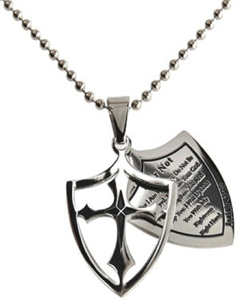 Fear Not Necklace Two Piece Cross Shield with Bible Verse, Stainless Steel Ball Chain