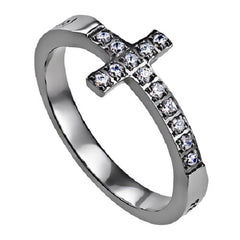 FEAR NOT Ring Bible Verse, Sideways Cross Stainless Steel with Clear CZ Stones