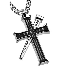 EPHESIANS 1:7 Black Cross and Nail Necklace with Bible Verse, Stainless Steel Curb Chain