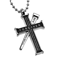 EPHESIANS 1:7 Black Cross and Nail Necklace with Bible Verse, Stainless Steel