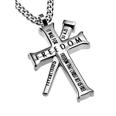 GALATIANS 5:1 Cross and Nail Necklace with Bible Verse, Stainless Steel Curb Chain
