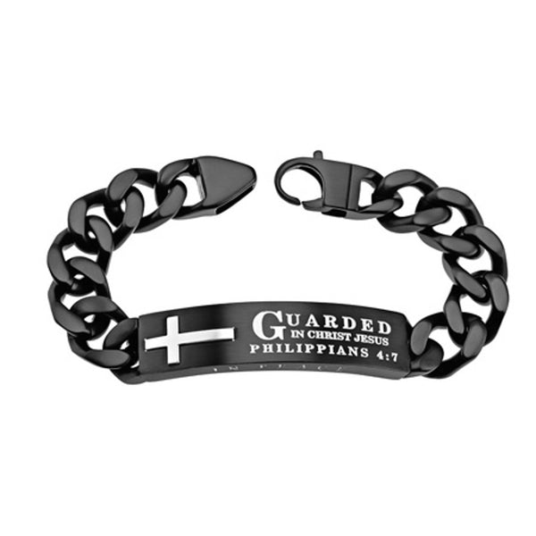 Philippians 4:7 Bracelet with Black Cross, GUARDED Bible Verse, Stainless Steel Curb