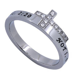NO LONGER Engraved Bible Verse Sideways Cross Ring with CZ, Stainless Steel