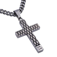 Galatians 2:20 CRUCIFIED Stainless Steel Cross Diamond Pattern Necklace