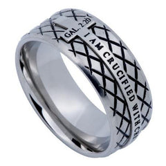 Galatians 2:20 CRUCIFIED Stainless Steel Diamond Back Cross Ring