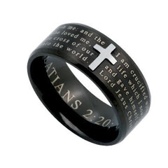 GALATIANS 2:20 Cross Ring for Men, Engraved Bible Verse, Black Stainless Steel