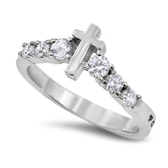 Vertical Cross Ring, FORGIVEN ROMANS 4, Stainless Steel with 6 Stones