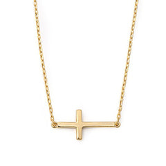 Gold Plated Sideways Cross Necklace, Sterling Silver Body, 17-19" Adjustable Chain