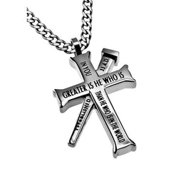 1 JOHN 4:4 Cross and Nail Necklace with Bible Verse, Stainless Steel Curb Chain