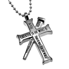 1 JOHN 4:4 Cross and Nail Necklace with Bible Verse, Stainless Steel