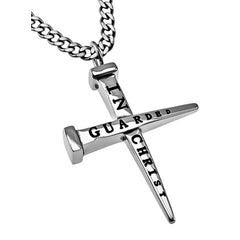 Nail Cross Necklace Bible Verse Philippians 4:6,7 Guarded Jewelry, Stainless Steel Curb Chain