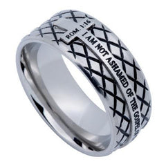 GOSPEL OF CHRIST Romans 1:16 Stainless Steel Diamond Back Cross Ring