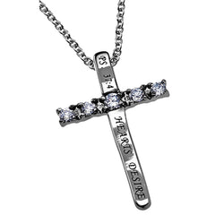HEART'S DESIRE Cross Necklace with Bible Verse, Steel & CZ Stones