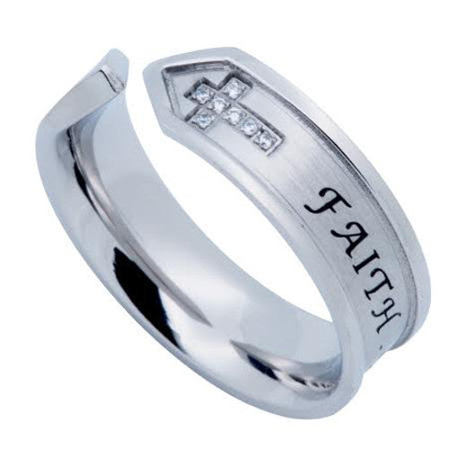 Hall of FAITH Open End Ring, Double Cross Stainless Steel with CZ
