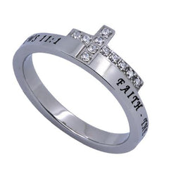 FAITH Engraved Bible Verse Sideways Cross Ring with CZ, Stainless Steel