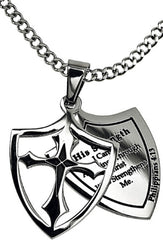 Strength Necklace Two Piece Cross Shield with Bible Verse, Stainless Steel Curb Chain