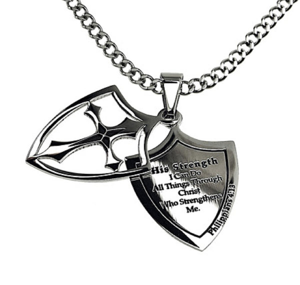 His Strength Necklace Two Piece Cross Shield with Bible Verse, Stainless Steel Curb Chain