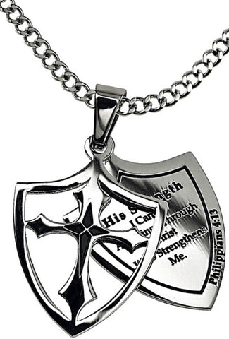 His Strength Necklace Two Piece Cross Shield with Bible Verse, Stainless Steel Curb Chain