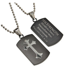 His Strength Necklace Black Shield Cross, Philippians 4 Christian Qualities, Stainless Steel Ball Chain