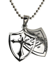 His Strength Necklace Two Piece Cross Shield with Bible Verse, Stainless Steel Ball Chain