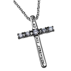 HIS STRENGTH Cross Necklace with Bible Verse, Steel & CZ Stones
