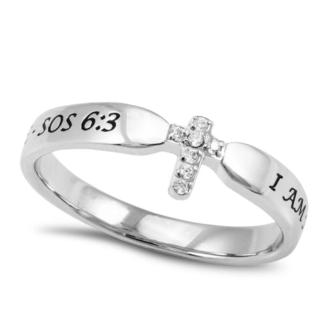 SONG OF SOLOMON 6:3 Small Cross Ring for Her, Clear CZ Stones, Stainless Steel