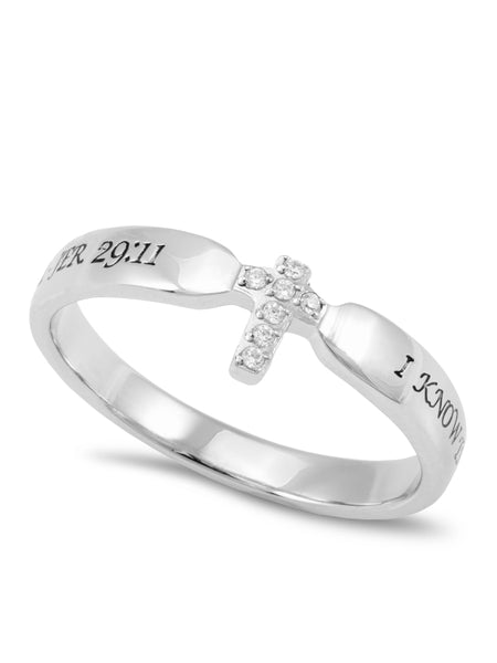 JEREMIAH 29:11 Small Cross Ring for Her, Clear CZ Stones, Stainless Steel