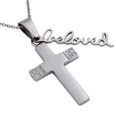 Handwritten BELOVED Necklace Cross, Promise Jewelry, Stainless Steel Chain