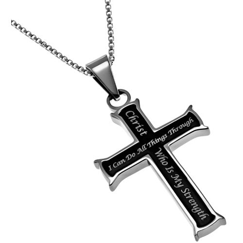 Women's I Can Do All Things Through Christ Necklace, Black Stainless Steel Cross Pendant