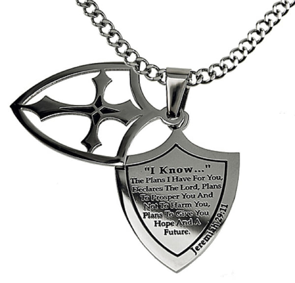 I Know Necklace Two Piece Cross Shield with Bible Verse, Stainless Steel Curb Chain