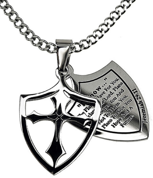 I Know Necklace Two Piece Cross Shield with Bible Verse, Stainless Steel Curb Chain
